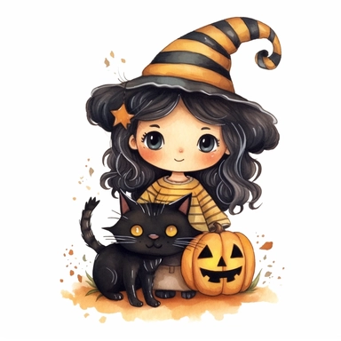 Hand drawn halloween clipart, cute witch and black cat, darla danilova, knitted painting texture, Perfect for nursery art and children's book illustration style ,cute character, single object, png, transparent background, so quite style, white background for removing background - - no text shadow font watermark