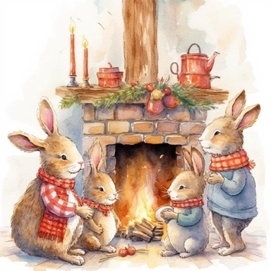 charming bunny family, Christmas morning in their cosy homy, fireplace, small christmas tree, ornamental watercolor, clipart,