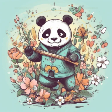 a happy panda with a bamboo shoot and a martial arts belt, depicted in a whimsical, surrounded by colorful flowers and butterflies. The mood of the artwork is cheerful and playful, with a soft pastel color palette. The lighting style is bright and sunny, evoking a warm and inviting feeling. clipart design graphic, vector, contour, super cute, isolated white background, high quality, 2d, flat