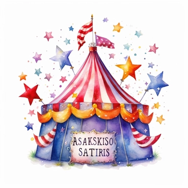 Watercolor style circus acts, rainbow colours with stars, stripes and pokka dots. hyper realistic detailed clipart, on a white background