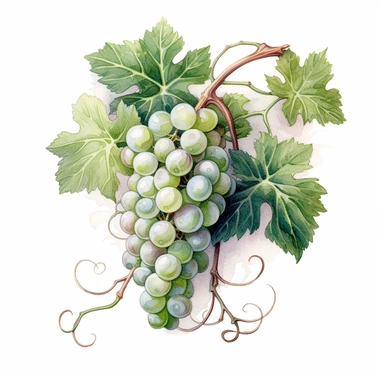watercolor ultra realistic and hyper detailed illustration of a Grapevine with winding tendrils, clipart, white background