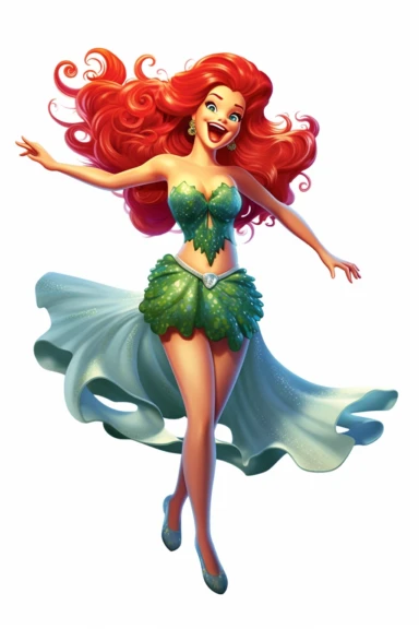 Clipart style, one isolated full-body figure of Ariel, dancing or standing or laughing, kind cartoon characters, highly detailed but for kids, oil painting style with pall point pen accents, volume and bright colors, white background