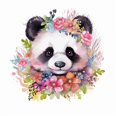 Nursery Print baby head panda flowers drawn in watercolor style, vector design, , Sublimation Clipart ,Cartoon,hyper realistic, intricate detail, illustration style,high solution,on the white background