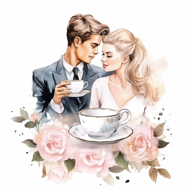 beauty couple drinking coffee, vintage cups, flower digital clipart on white background