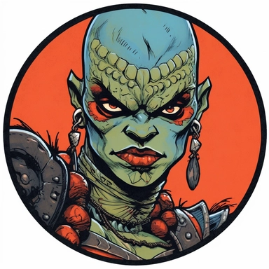 A circular tondo depicting a Dungeons & Dragons character female woman orc orcish badass boss warrior bandit, Mike Allred Josh Kirby Mad Max Lord of the Rings, handpainted enamel punk zine indie retrowave, clipart illustration, circle solid background