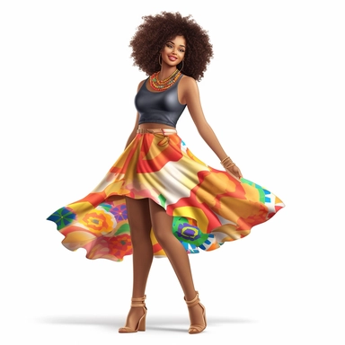 Hyperrealistic beautiful full figure african american lady with afro hair, dress or skirt summer attire, cute and colorful, clipart, hd, white background