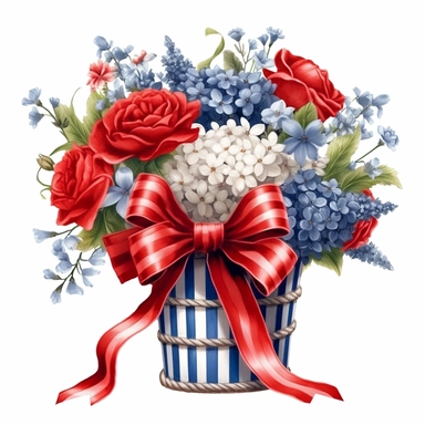 Red and blue and white flower basket clipart, red ribbons, high detailed, realistic detail, illustration style, high solution, on the white background