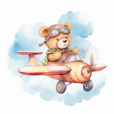 a cute adorable toy teddy bear boy, flying a cute airplane, clouds behind, kawaii simple watercolor clipart, white background white background