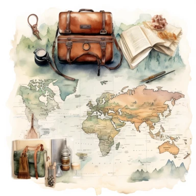 watercolour, travel theme, map, journal, soft and muted nuances, high quality detail, clipart, 8k, f1