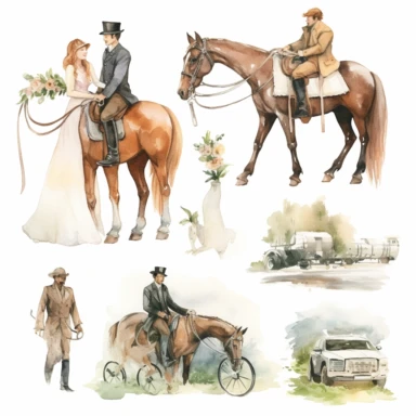 Very cute wedding illustrations clipart set, newlyweds riding a horse, on a white background separate elements with a margin, watercolors, husband and wife on their wedding day riding a horse together, love