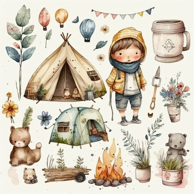 Watercolor boho camping illustrations clipart set, simple, soft colors, cartoon elements, different variants, cute little boy, tent, campervan, camping related items, pots, bonfire, , separate elements with a margin