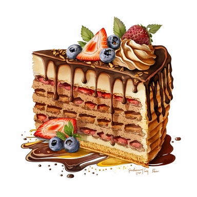 watercolor clipart of a delicious slice of hungarian dobos cake with layers and chocolate cream layer. chocolate covered waffles on top. high resolution and detail