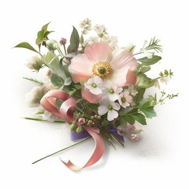 a simple gorgeous wildflowers and flowers corsage with ribbon and greenery on white background clipart, soft pink, cream, blush, and green color theme, watercolor painting realistic, high quality, vibrant, Vicente Romero Redondo, Willem van Aelst, Elsa Beskow