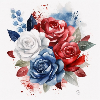 Birthday red white and blue roses bouquet watercolor design clipart