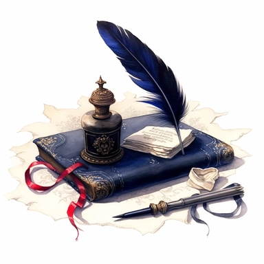 watercolor, hyper realistic, white background, white margins, 16k, ultra detailed clipart, cut out image, hand-drawn, whimsical manhwa style, ultra HD, sharp and clean art A quill pen and inkwell sitting on a velvet cushion, with a romantic old-fashioned love letter partially written, on a background of deep midnight blue.