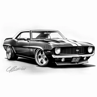 modified 1969 Chevrolet Camaro Copo ZL1 clipart, black and white