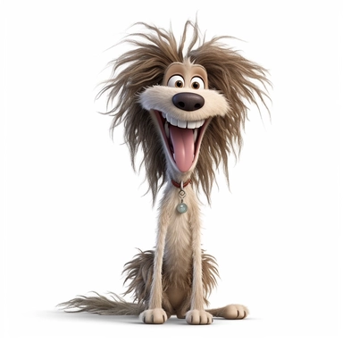 a really skinny cartoon dog with big smile, hair frizzed out, funny, full body image, pixar style, clipart, white background