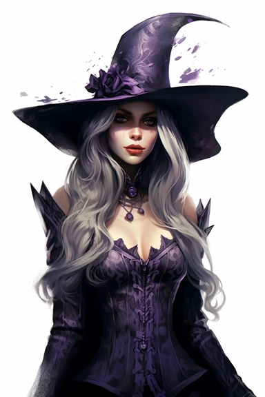 A witch wearing a pointy witch hat, in the style of charlie bowater, victorian era themes, wimmelbilder, rtx on, camille - pierre pambu bodo, dark purple, dark bronze and white, Gianni strino, clipart, png transparent background, white background,