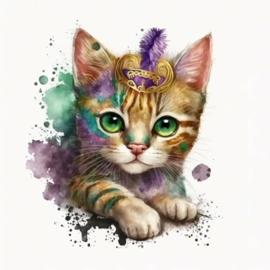 cute mardi gras kitten , detailed watercolor illustration, clip art, cartoon, 8k-- ar 2:3