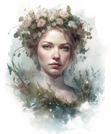 isolated on white illustration watercolor art of a portrait of beautiful feminine princess, overgrown with white and light pink roses and flowers, covered with snow and ice, a lot of moss and branches, lace and embroidery, trees, masterpiece by Tom Bagshaw style and by Carl Holsoe style and by James C. Christensen style and by Alexander Jansson style, Baroque fashion, PNG clipart, isolated on white, white background, extreme photorealistic details, 32k HD resolution, realistic high detailization