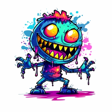 monster sharp teeth neon colors happy kid kawai zombie clipart white background