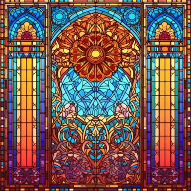 an intricate stained glass window design clipart, in the style of art nouveau, #screenshotsaturday, reimagined religious art, multiple shapes,islamic art and architecture, no background, vibrant colors, sunshine coming in through the glass, flowers at the bottom, dramatic lighting