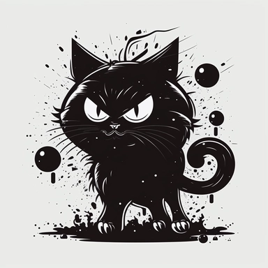 ，cartoon black cat funny cute funny cat vector clipart, in the style of monochromatic graphic design, gritty, urban street art, unique yokai illustrations, manticore, animated gifs, graffiti-inspired animals, bulbous