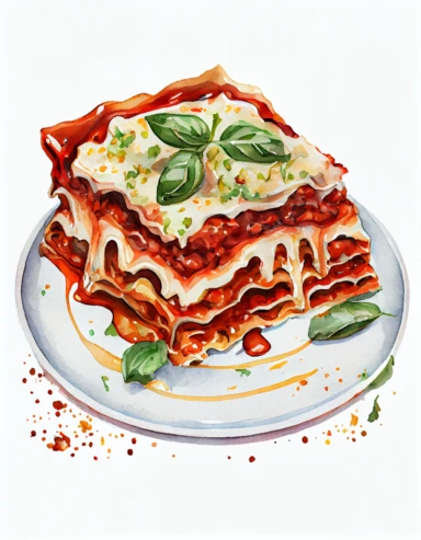 detailed watercolor lasagna on a plate, realistic, isolated on white background, clipart