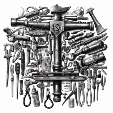 black and white clipart image of an invented tool that is alot of tools mixed together