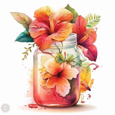 [5538157460] Watercolor clipart. A vibrant watercolor painting capturing the beauty of a hibiscus bouquet in a glass jar, with delicate petals in shades of red, pink, and orange.. White background. No text. No caption. No logo