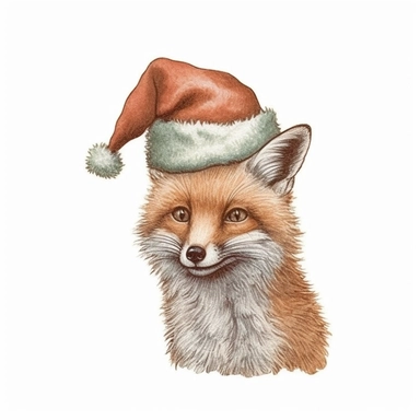 cliparts of fox with christmas hat , vintage illustration, pastel colors, in Pierre Redouté style, isolated on white background
