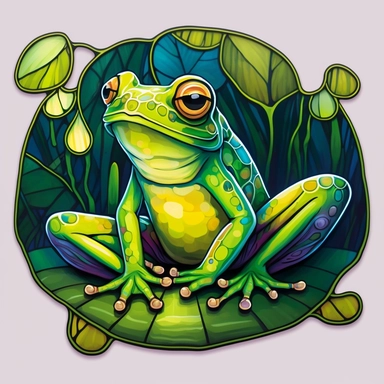 a cute happy green frog, clipart, sticker, stained glass effect, Lovely, Dark, Folk Art, detailed, realistic, bright colors,