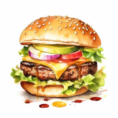 a watercolor, hyper-realistic clipart image with a white background and white margins, showcasing a classic cheeseburger with a juicy beef patty, melted cheese, lettuce, tomatoes, and pickles. The ultra-detailed, hand-drawn elements capture the textures and colors of the burger ingredients. Use bold shades of brown, green, and red to evoke the mouthwatering and indulgent nature of this fast food staple