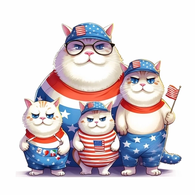 a family of fat chubby cat on 4th of July dressed in America t-shirts, funny, very funny, clipart with crisp lines and white background