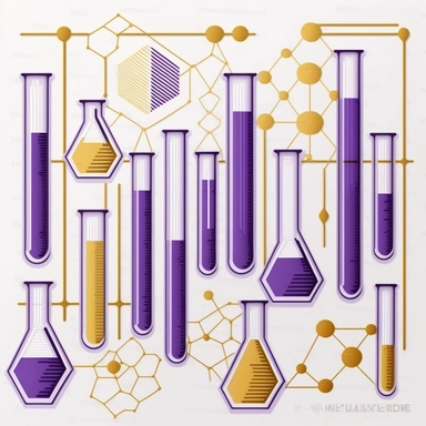 minamlisitc purple and gold chemistry test tubes, clip art style, repeating pattern, white background, bold lines