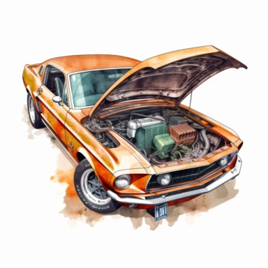 Ford Mustang car, clean car, hood open, reveals a rusted motor, clipart