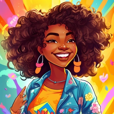 cheerful, vibrant cartoon illustration of a confident black woman with natural hair, wearing stylish clothing and accessories, against a colorful backdrop, high-quality, clip art, joyful, empowering, positive vibes--ar 1:1