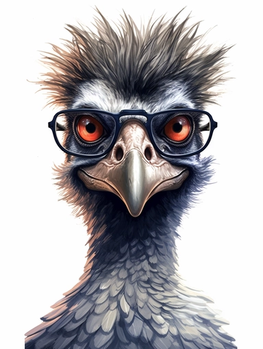 a portrait of a Emu wearing a white shirt and glasses, looking tired and done with life, vector illustration, clipart, outlines, portrait,