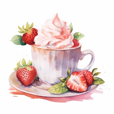watercolor clipart illustration of milk coffee, with dessert with cream and strawberries, on table in rose garden, summer bright day, white background