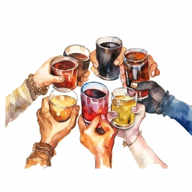 watercolor, Friends hands holding glasses and mugs with champagne, wine, beer, cocktail and tea, and cheers or drinking toast to friendship. png Full body realistic cartoon in 32K UHD cute. 15 cm thick outline. Black color. There was no shadow on the ground. 8k with realistic watercolors and detailed illustrations. PNG clipart, transparent white background