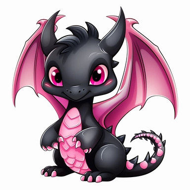 cute cartoon black and pink dragon clipart, white background,--no cut-off edges