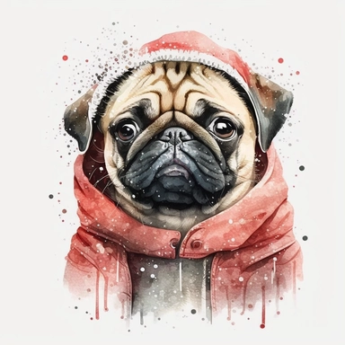watercolor cute style, cute surprised pug in christmas winter coat, christmas head, smiles, cute, pug in red ears, it's snowing, white background, clipart