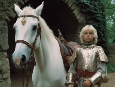 arthur as a young squire is walking next to a white horse, medieval clothing, vhs clip of 1981 movie the grail, in the style of home video, video prompt