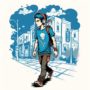 friendly blue t-shirt man walking in music city, ghlibi style, comic, manga, cute, clipart, hd, ue5