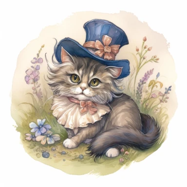 full body of a cute happy fluffy cat with a colourful edwardian ladies hat in a field, in the style of jody bergsma, clipart with white background,32k uhd, hand-painted details, charming character illustrations, dark brown and light beige, pink and dark blue,aquarellist, hd , white background clipart