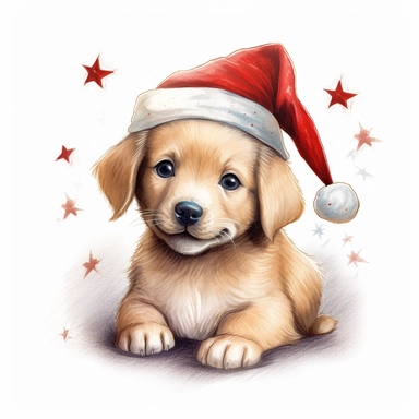 a small cute smiling puppy, wearing a Santa hat, color pencil sketch on a white background for clipart, small red and gold stars