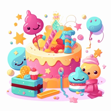 Birthday Cake With Birthday Elements Like belon,Gift Box, Star, Clipart, Vector Style, Logo design, White Background