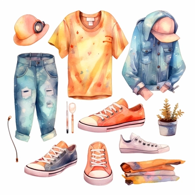 elements of cute Korean style t-shirts, blouses, jeans, purses , flat shoes, sneakers, hats, dresses, skirts for a cute sweet girl cliparts in watercolor on white background