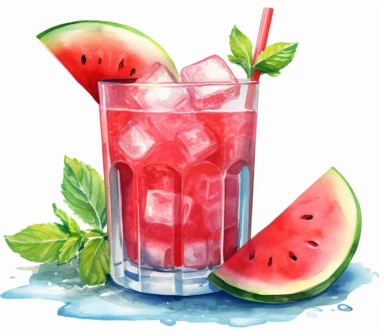 Watercolor clipart of summer drink, Watermelon Slushie: Made from juicy watermelon blended with ice, this icy treat is a favorite during the summer. It's simple, refreshing, and naturally sweet, intricate details, vector, hyperrealistic, white background, no splashes, no text, no watermark