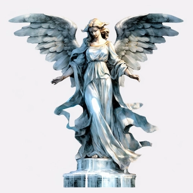 angel statue watercolour in the style of digital airbrushing, realistic yet stylized, digitally enhanced, elaborate costumes, 32k uhd, clipart, white background